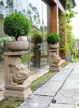 知饰仿石狮子摆件石雕门墩抱鼓石一对户外庭院造景布置花园装饰