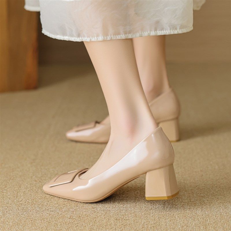 裸粉色高跟鞋女夏季2024新款法式晚风方扣单鞋粗跟大码女鞋41一43,淘宝优惠券,粉丝福利购,淘宝优惠卷