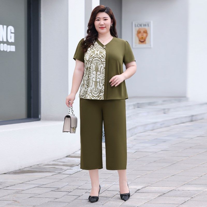 Q胖妈妈夏装时尚两件套洋气V领加肥加大码宽松显瘦胖mm雪纺套装女,淘宝优惠券,粉丝福利购,淘宝优惠卷