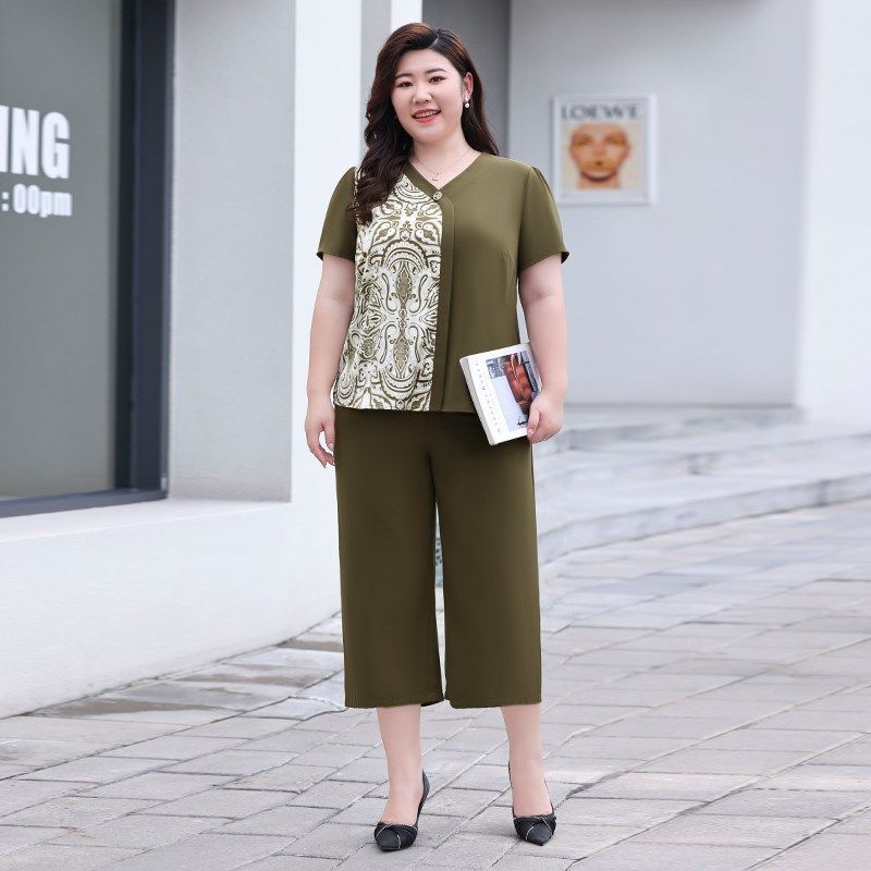 Q胖妈妈夏装时尚两件套洋气V领加肥加大码宽松显瘦胖mm雪纺套装女,淘宝优惠券,粉丝福利购,淘宝优惠卷