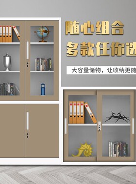 钢制办公加厚套色文件柜铁皮柜资料档案柜白咖凭证柜玻璃矮柜带锁