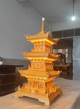 中国木雕挂件装饰品家居礼品80公分高松木四角三层塔