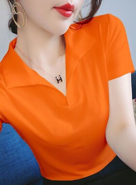 气质迷人2023夏季新款袖短恤t女韩版修身针织百搭翻领打衫底衣上