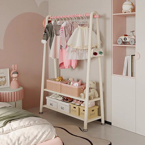 儿童落地式衣帽架卧室床边挂衣架铁艺双层放衣服架子收纳置物衣架 - 图0
