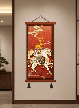 新款中式玄关马上有福百福图挂画客厅走廊墙面装饰画书房茶室专用