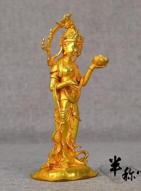 古玩收藏仿古铜器合金鎏金坚牢地神女佛菩萨像复古摆件工艺品