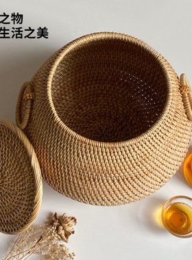 越南纯手工秋藤编织圆形茶几桌面客厅茶叶包装收纳盒博古架摆件