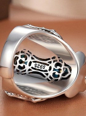 S925银六字真言天珠转动戒y指男士国潮大鹏鸟个性情侣绿松石指环