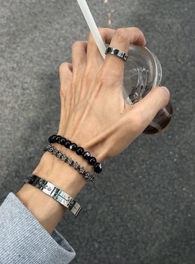 黑曜石黑8十字架男士手链