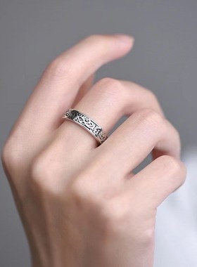 复古唐草a纹戒指男做旧染黑工艺泰银开口可调节民族风祥云单身指