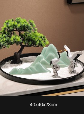 新中式酒店大圆桌圆形转盘摆件迎客松餐桌中间Q摆花装饰品微缩景