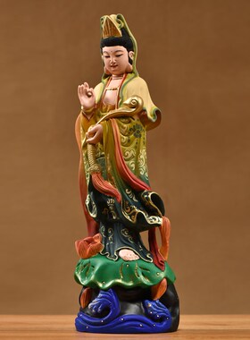 实木雕刻观音菩萨佛像摆件新中式彩绘观世音家居客厅玄关装饰礼品