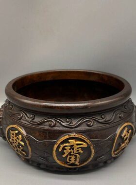 仿古纯铜双耳兽耳聚宝盆铜器工艺品家居办公室吧台玄关装饰摆件