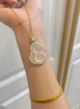 网红精美天然高冰玉髓佛公黄钻招财佛公玉髓吊坠项链