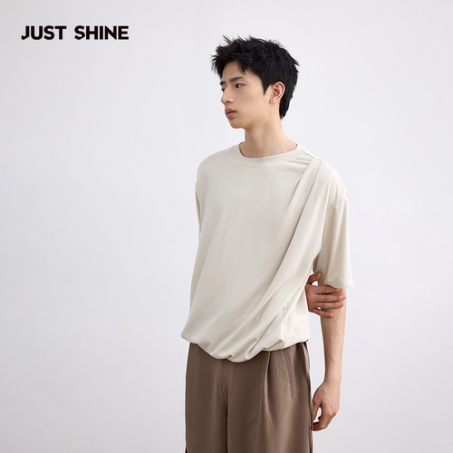 JUST SHINE/时晒收褶绵羊毛短袖t恤衫抗菌松弛感短T宽松落肩上衣 - 图3