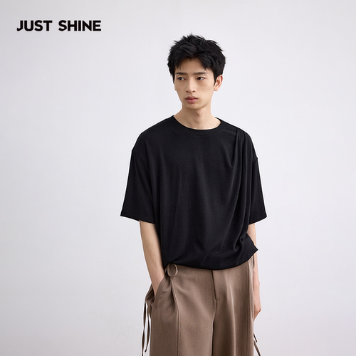 JUST SHINE/时晒收褶绵羊毛短袖t恤衫抗菌松弛感短T宽松落肩上衣 - 图0