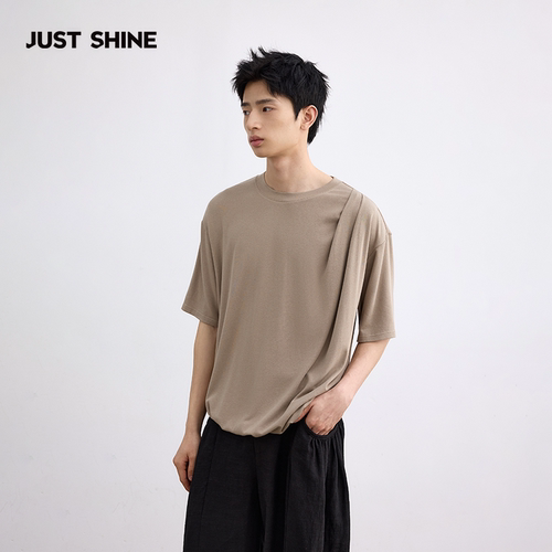 JUST SHINE/时晒收褶绵羊毛短袖t恤衫抗菌松弛感短T宽松落肩上衣 - 图2