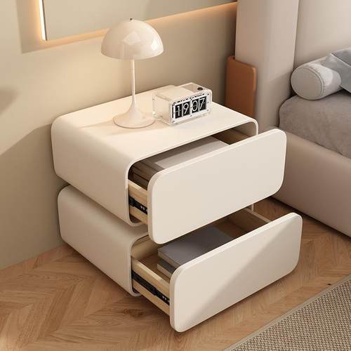 智能床头柜奶油风简约现代实木床头收纳柜卧室轻奢高级感床头柜子 - 图2