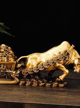 纯铜牛拉车摆件牛拉n聚宝盆金蟾金牛拉财生肖铜牛客厅乔迁装饰礼