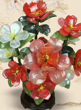 玉器中式风格茶花摆件客厅家居饰品玉石雕刻花玄关电视柜植物盆栽