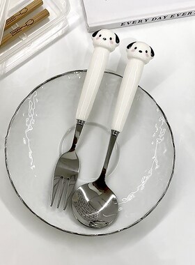 可爱小狗餐具套装三件套不锈钢学生宿舍勺子叉子筷子一人用便携式