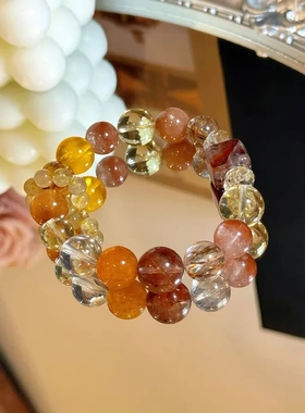 招财好运黑金超七水晶手串天然金发晶黄水晶红胶花方糖手链送礼物