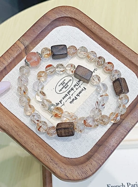 新中式黑金超七天然水晶手链招财招正缘红胶花手串沉香木手饰