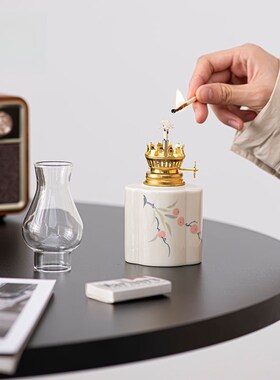 农村老式煤油灯手绘花卉复古陶瓷酥油灯灯盏新中式书房卧室小夜灯