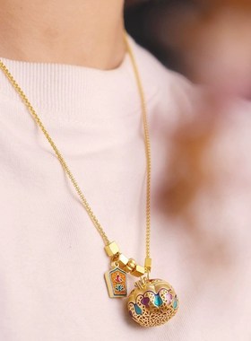 【金瓜】古法金珐琅彩香囊球手链嘎乌盒随身P佩戴香丸可打开扩香