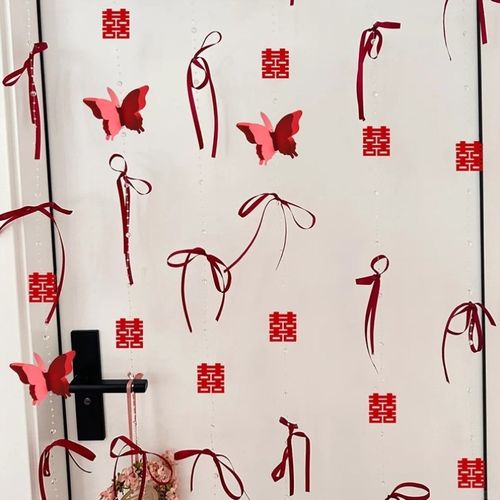 结婚布置b婚房装饰男女方拍照喜字珍珠门帘阳台帘卧室帘备婚好物 - 图1