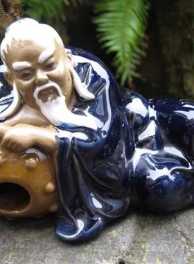 吸水石摆件家居装饰庭院假山盆景水族鱼缸招财流水陶瓷李白卧酒翁