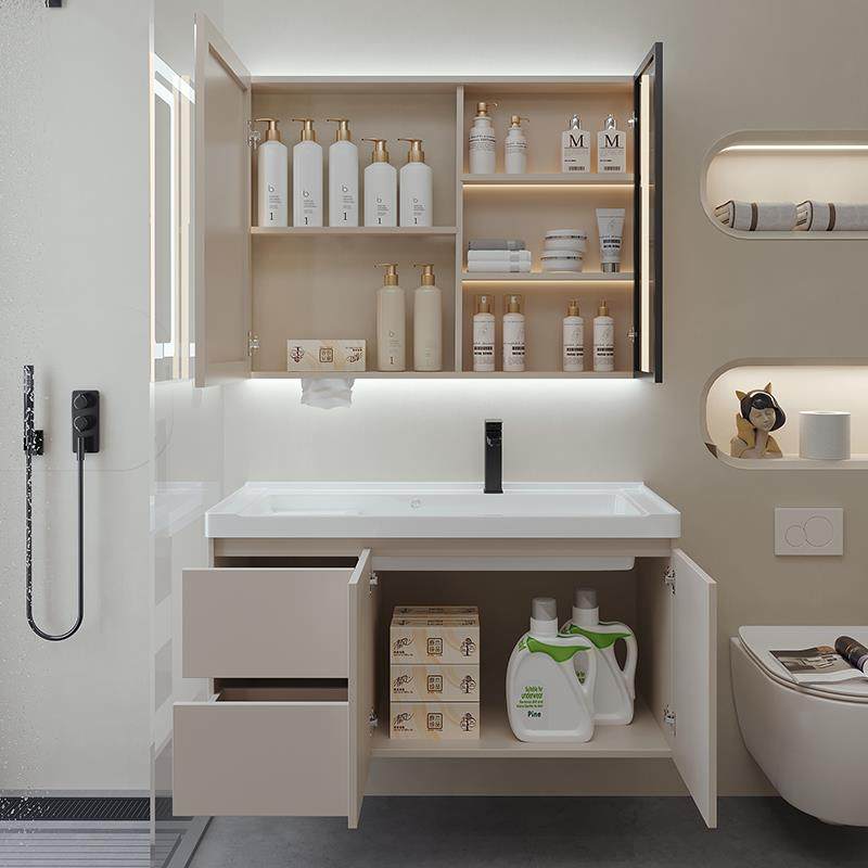 奶油风陶瓷一体盆浴室柜卫生间洗漱台洗手洗脸洗衣盆化妆镜柜组合,淘宝优惠券,粉丝福利购,淘宝优惠卷