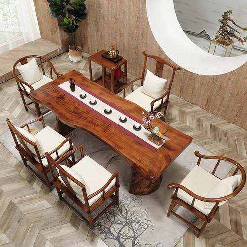 新中式实木大板桌原木整板办公桌自然边接待会客泡茶桌组合茶台 - 图1