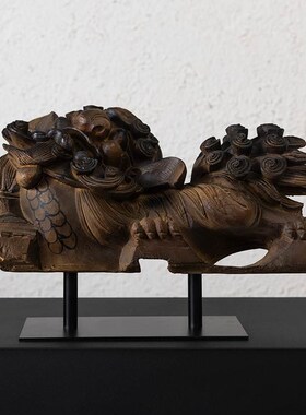新中式创意仿木雕狮子摆件家居饰品酒柜客厅装饰品复古摆设工艺品