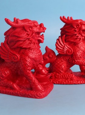 红朱砂大款一对麒麟摆件大号摆台家居办公桌面工艺品客厅书房摆饰