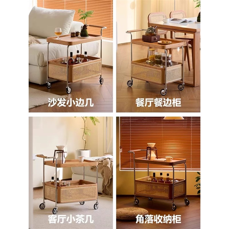 A9L茶水小推车网红实木沙发边几复古藤编茶几客厅边柜餐车置物架 - 图2