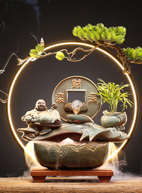 新中式陶瓷流水生财循环喷泉摆件办公室客厅桌面鱼缸软装开业礼品