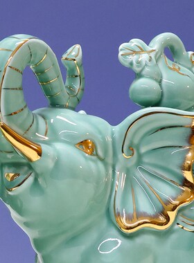 新中式青瓷吉祥财福大象摆件一对招财镇宅玄关摆设陶瓷工艺礼品