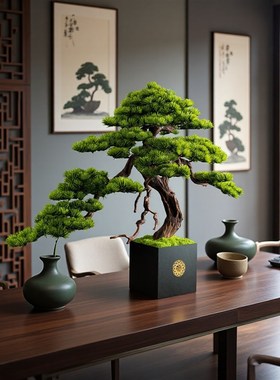 仿真松树迎客松假绿植物摆件客厅玄关装饰办公桌景观松树假树盆景