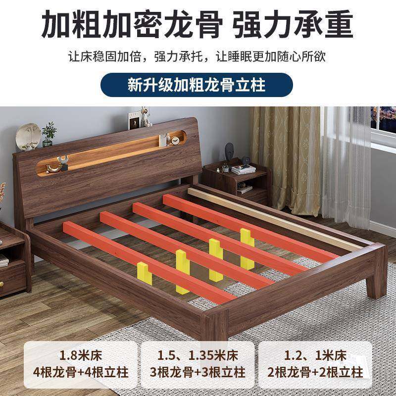 实木床1.5米床架双人床胡桃色现代简约1.8出租房简易单人床1.2m全 - 图1