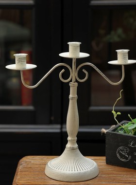 美式复古做旧高脚铁艺烛台餐桌家居装饰摆件法式浪漫烛光晚餐摆台