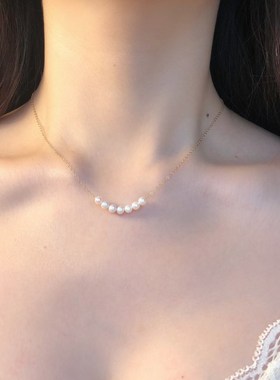 新款七颗珍珠微笑链锁骨链平衡木项链夏季气质简约经典百搭不掉色