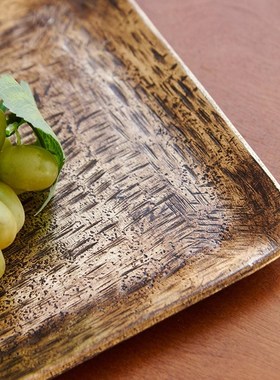 进口铝制复古做旧古铜色长条托盘收纳果盘摆件新中式样板间装饰品