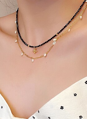 法式小众黑尖晶石珍珠串珠小十字架简约气质短款项链锁骨链女颈链