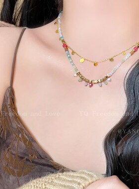 复古彩色串珠叠戴项链轻奢小众高级感锁骨链百搭气质颈链配饰女款