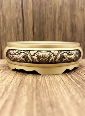 黄铜百福米缸招财进宝底座聚宝盆铜葫芦家用圆型渔夫山水底座摆件