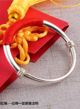 纯手工打磨 银手镯 999纯银女 经典实心镯子 光面圆条伸缩推拉