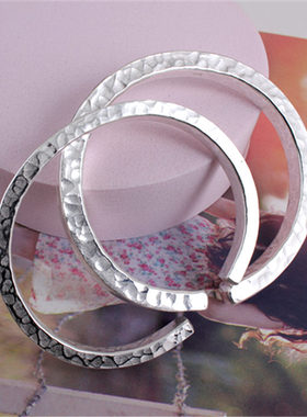 999纯银手工定制锤纹银手镯男款女士情侣开口方条银镯子