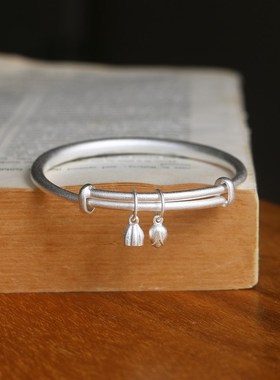 999纯银复古磨砂质感文艺风实心圆手镯可调节大小莲蓬手镯