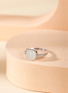 S925银和田玉方糖戒指